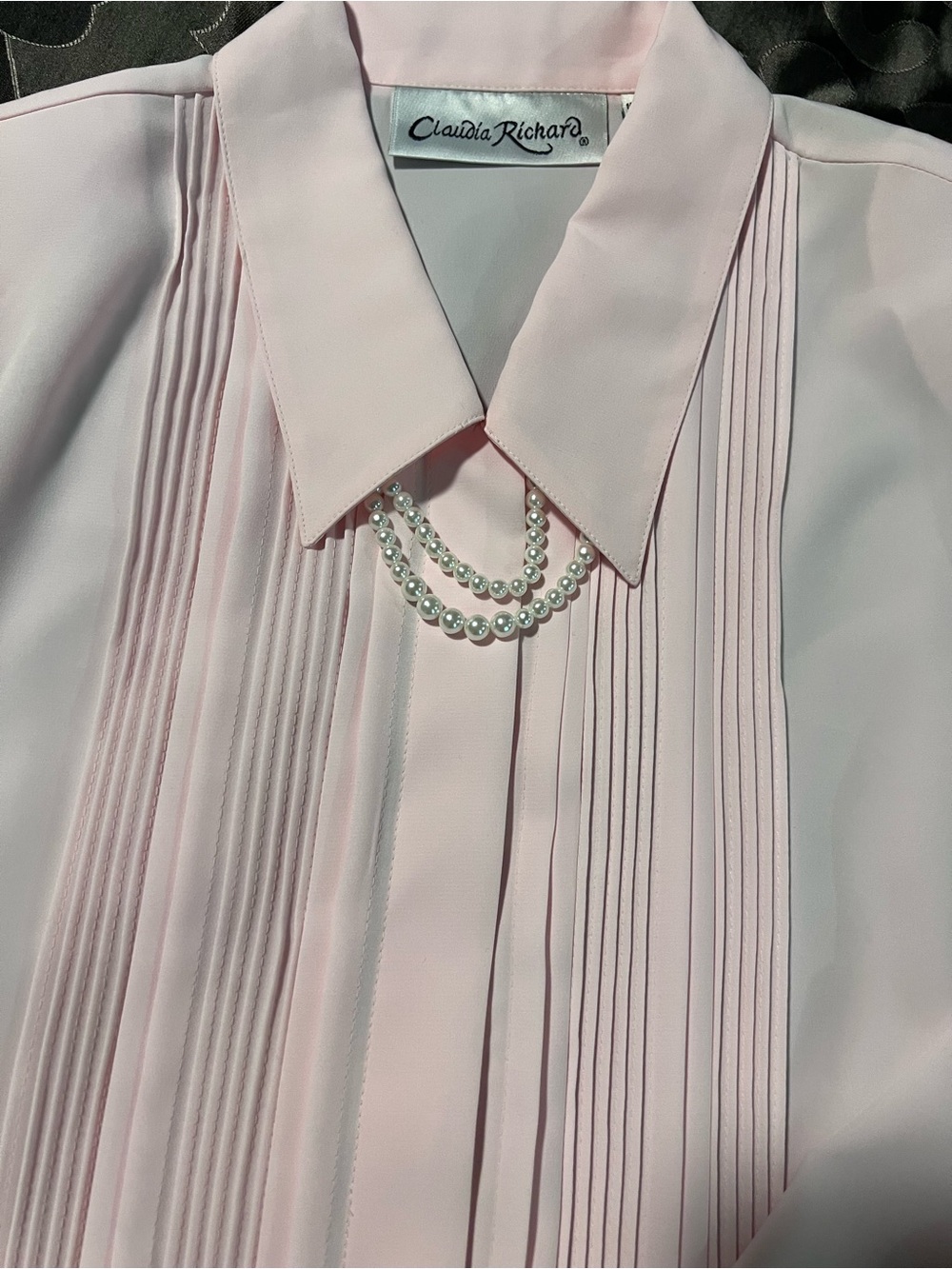 NWT VTG Claudia Richard Soft Pink Pearl Necklace Pintuck Button-Down Blouse 16
